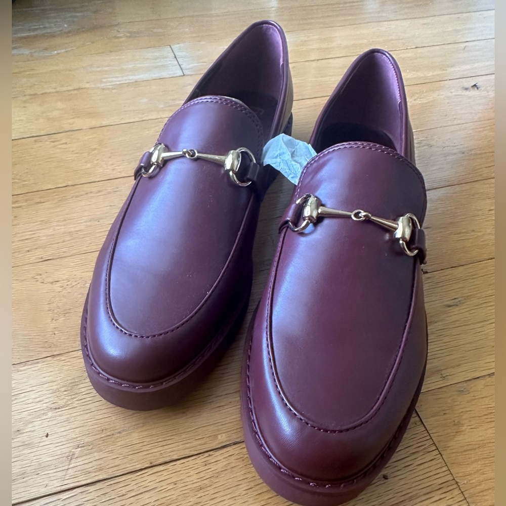 New Franco Sarto Burgundy Loafers with Gold Buckle Detail